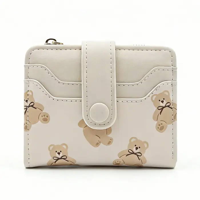 Portefeuille bifold pour femme en cuir PU avec motif d'ours mignon, fenêtre d'identification, porte-