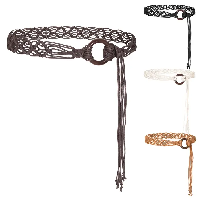 2025 nouveau bohème macramé tressé ceinture noir chameau Beige longue corde tissé noeud Style ethnique à la main vacances femmes ceintures BZ0003