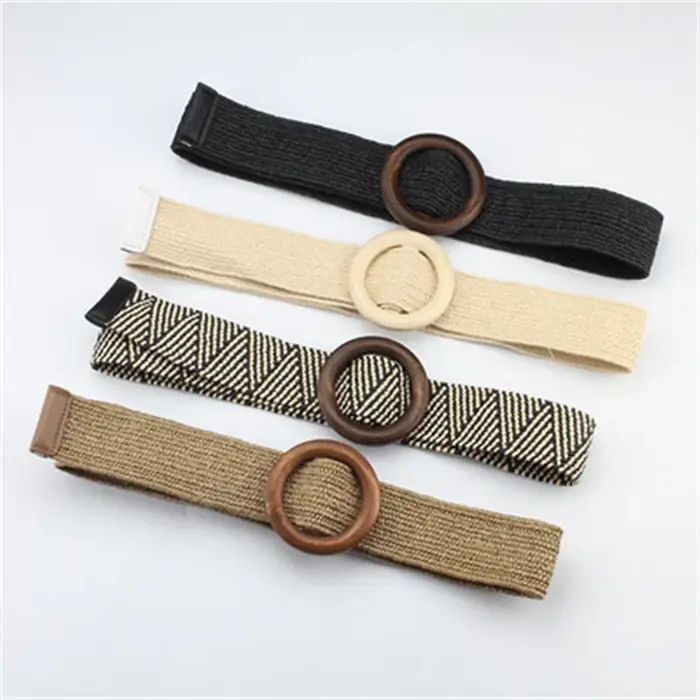 Ceinture tressée élastique bohème avec boucle en bois pour femmes