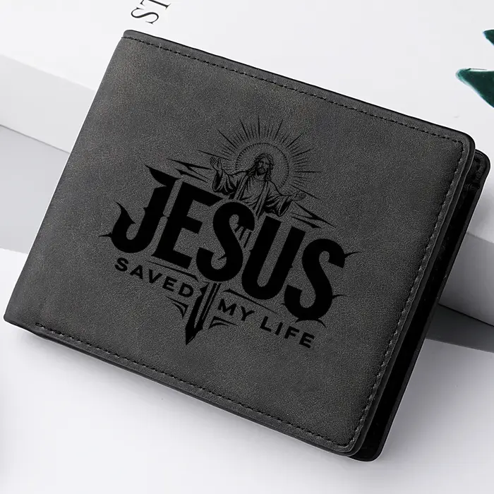 Portefeuille Bifold Vintage en Cuir PU pour Homme avec Imprimé Croix « Jésus m'a sauvé la vie »