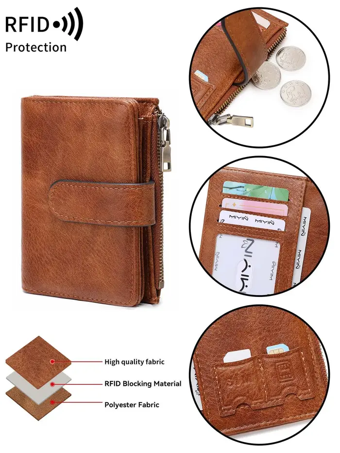 Portefeuille antivol RFID pour femme – Porte-monnaie rétro à trois volets avec fermeture à glissière, portefeuille court compact pour cartes de crédit, espèces et identifications