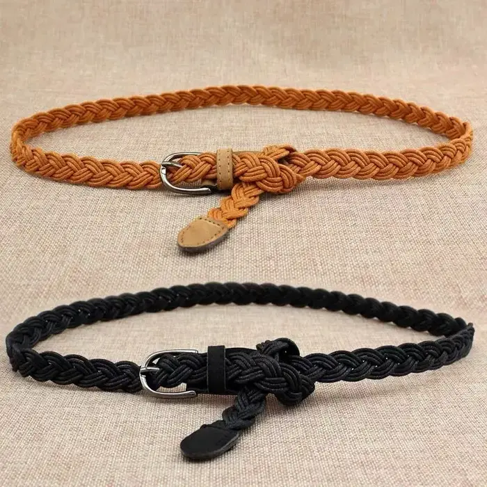 Ceinture fine tressée en corde de chanvre avec décoration de chaîne de taille, boucle noire simple, petite ceinture en cuir avec nœud en corde de cire pour femmes