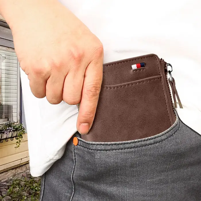 Portefeuille à fermeture éclair en cuir véritable pour hommes