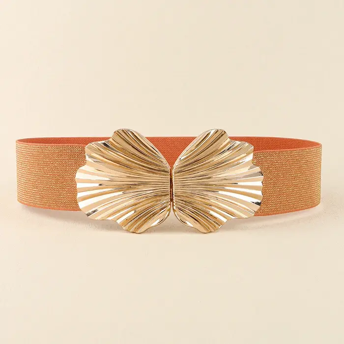Ceinture large et extensible pour femmes, boucle en coquillage doré, mode rétro, bande élastique bri