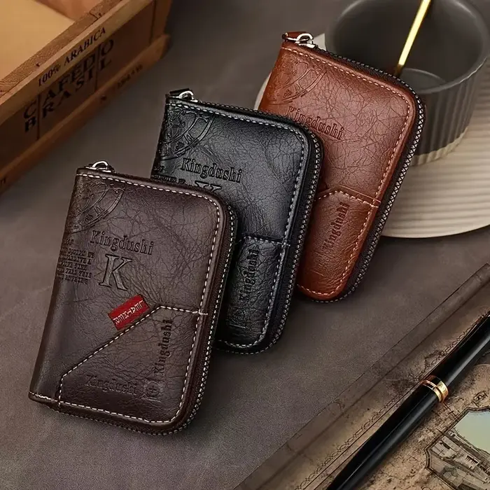 Porte-cartes fin vintage avec blocage RFID - Portefeuille en cuir PU avec fermeture éclair