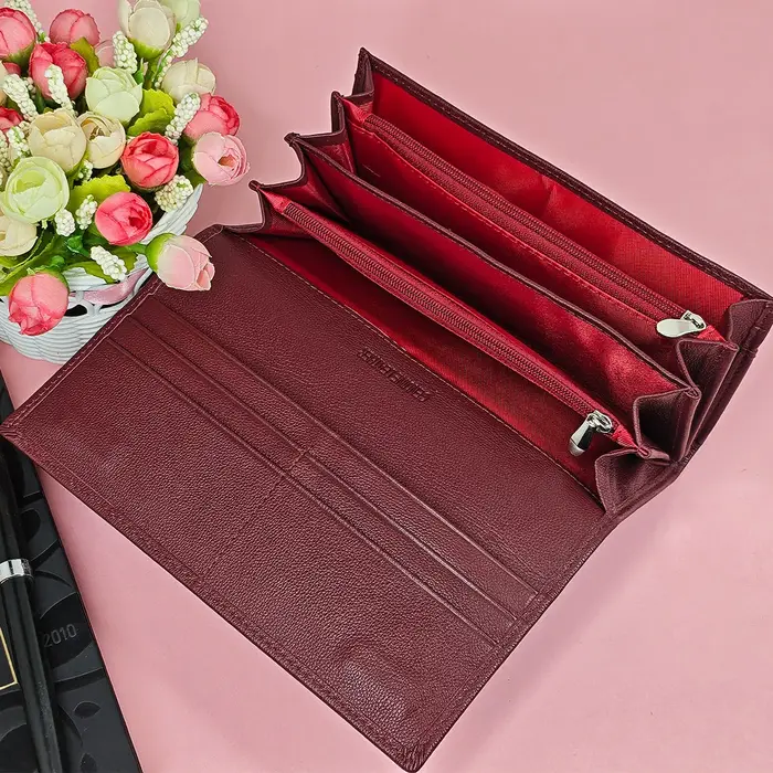 Portefeuille de luxe en cuir rouge vin pour femme – Slim Long à deux volets avec 8 emplacements pour cartes