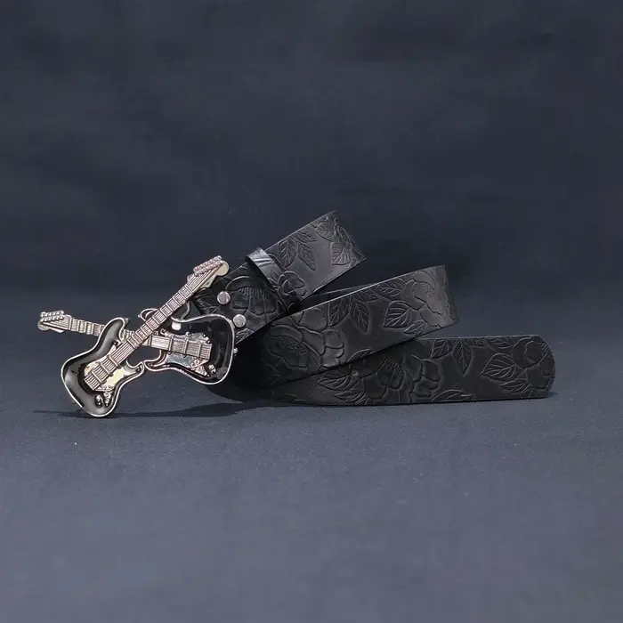 Rock Style guitare grande boucle en cuir PU ceinture en relief pour femmes personnalisé décontracté 