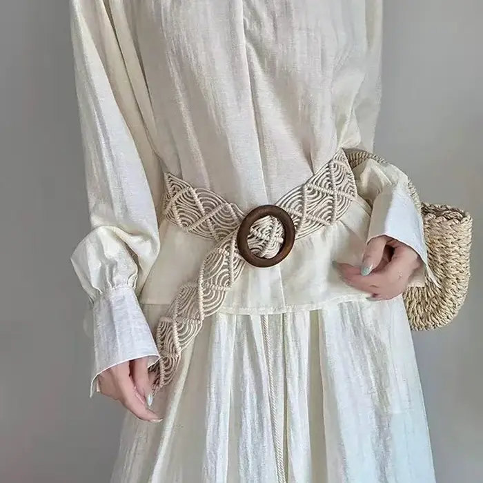 Ceinture en corde cirée tressée à la main style bohème, accessoire ethnique printemps/été avec boucle en bois pour robes