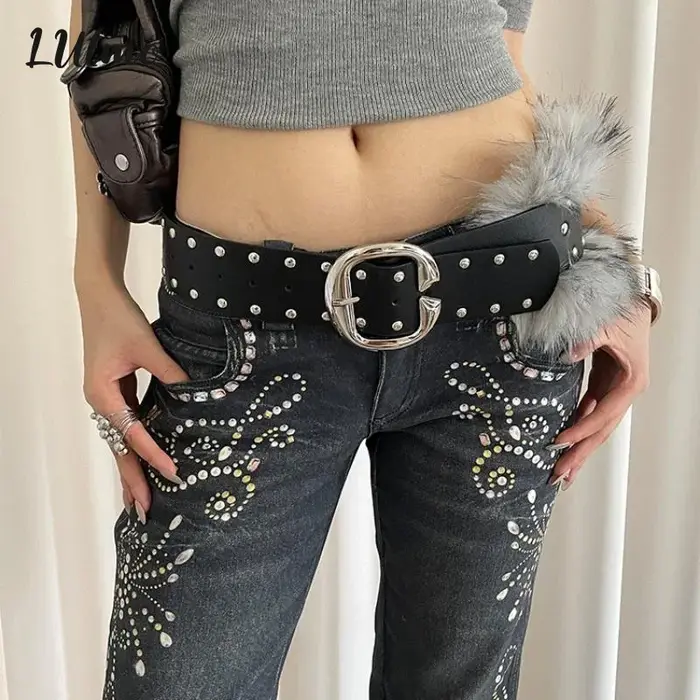 Ceinture large en fausse fourrure pour femmes, haut de gamme, Patchwork, robuste, Style Punk rétro, Rivet, avec jupe, ceinture en jean