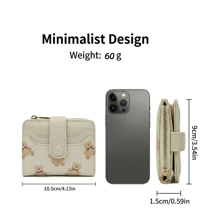 Portefeuille bifold pour femme en cuir PU avec motif d'ours mignon