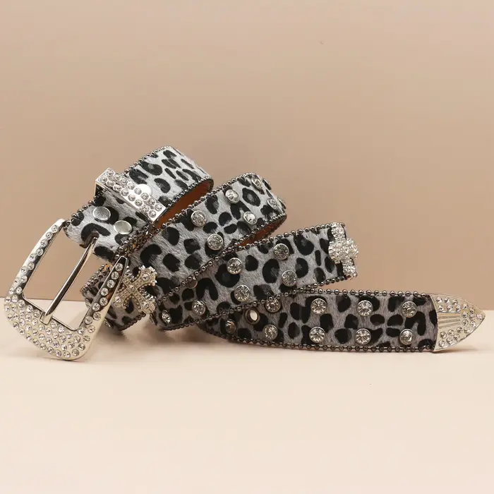 Ceinture en cuir à imprimé léopard et strass pour hommes et femmes
