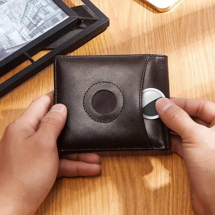 HUMERPAUL Airtag portefeuille pour hommes en cuir véritable RFID à trois volets porte-carte avec fenêtre d'identification mince Anti-perte sac à main