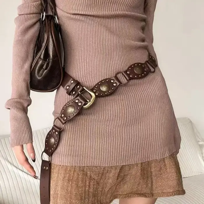 Mirad rétro Rivet femmes ceinture polyvalent Style ethnique robe pantalon