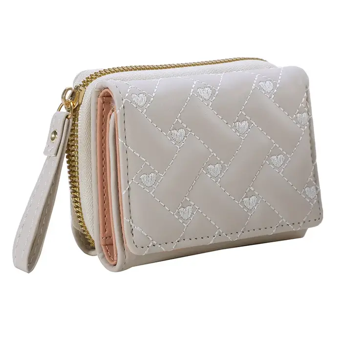 Portefeuille femme pour cuir PU mode brodé amour Tri-fold petit portefeuille porte-carte multi-carte