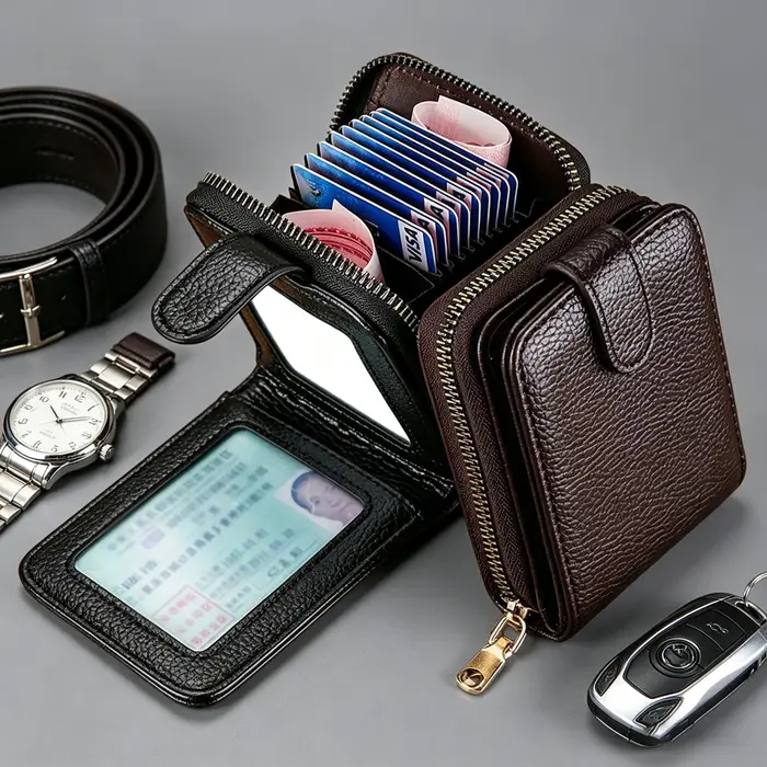 Portefeuille porte-cartes multifonction WERLLANDS en cuir PU grain litchi avec fermeture éclair et plusieurs emplacements pour cartes