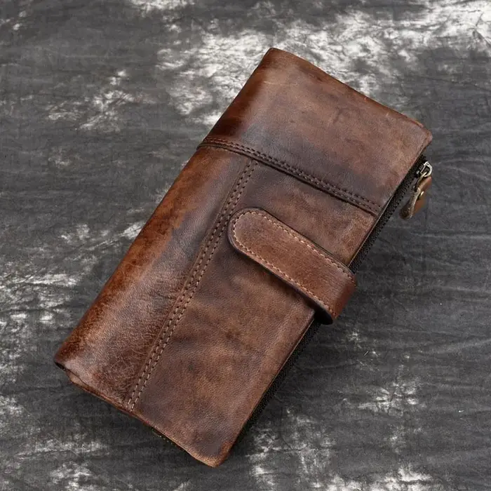 Luufan-Portefeuille long en cuir véritable vintage pour hommes et femmes