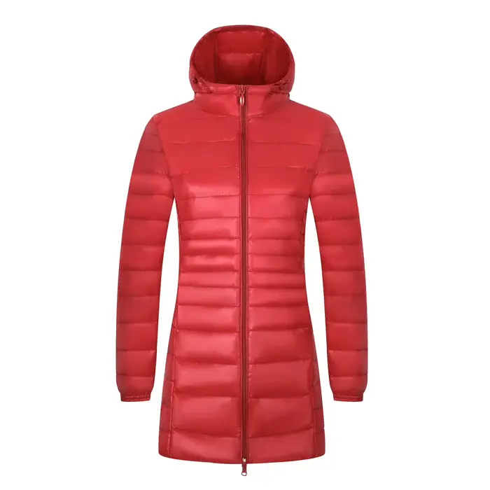 Manteau long en duvet chaud pour femme avec sac de rangement portable