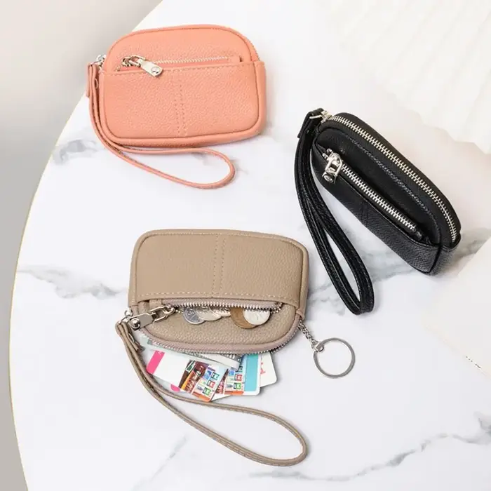Mini portefeuille Portable en cuir PU pour femmes, sac de rangement de couleur unie, porte-monnaie pour étudiants, fermeture éclair, grande capacité, sac pour clés de poignet, à la mode