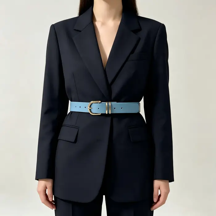 Une ceinture pour femme en bleu pur avec doubles boucles en métal, simple et polyvalente, parfaite pour les vacances et les loisirs, style bohème.