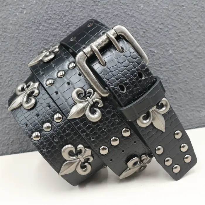 Ceinture à boucle double aiguille avec motif crocodile noir épais