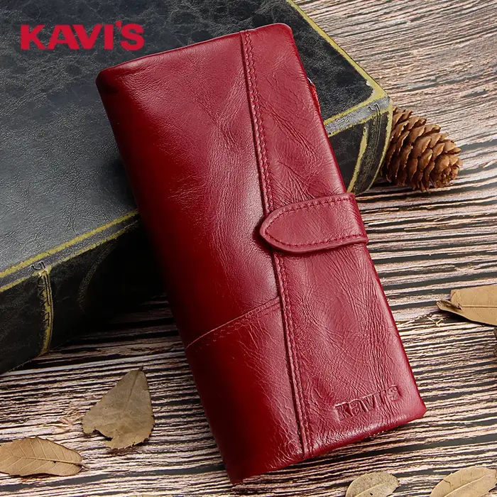 KAVIS-Portefeuille en cuir véritable pour femme, porte-monnaie unisexe, pochette longue pour femme, sacs pour téléphone portable, porte-cartes, mode