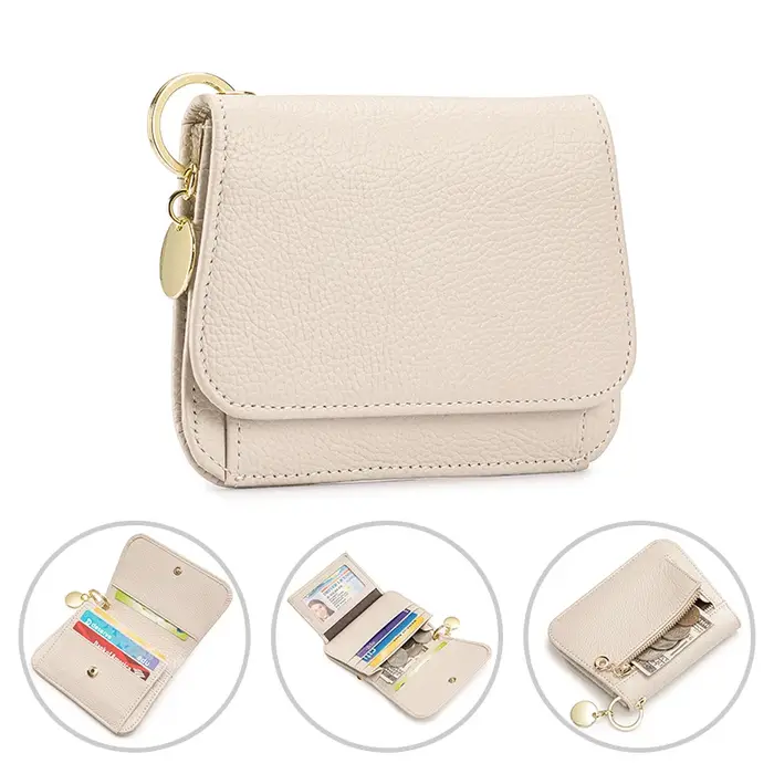 Portefeuille fin pour femme avec blocage RFID, en cuir véritable, porte-clés pour femme avec poche à