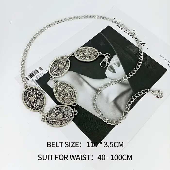 Ceinture chaîne en argent Vintage pour femmes, pièces de monnaie soleil taureau, taille féminine Y2K