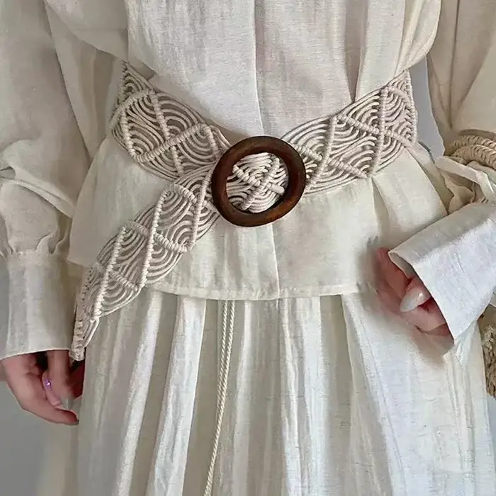 Ceinture en corde cirée tressée à la main style bohème, accessoire ethnique printemps/été avec boucle en bois pour robes