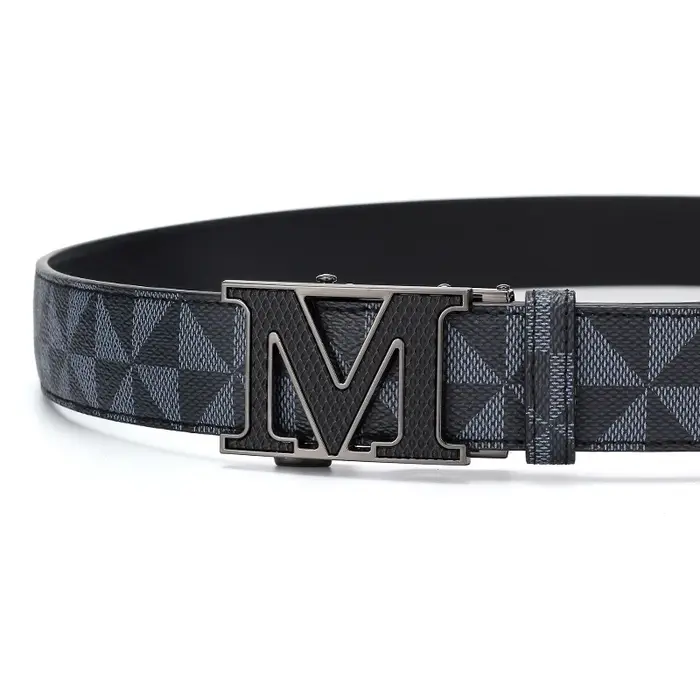 Ceinture de luxe pour homme avec boucle automatique lettre M, motif géométrique à carreaux, en cuir, pour affaires et décontracté