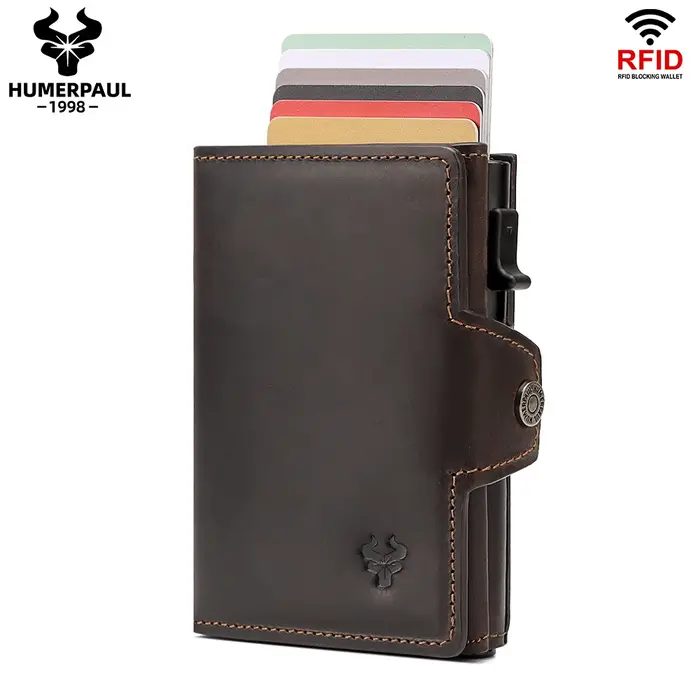 HUMERPAUL hommes porte-carte avec poche d'argent Crazy Horse cuir Pop Up minimaliste portefeuille RF