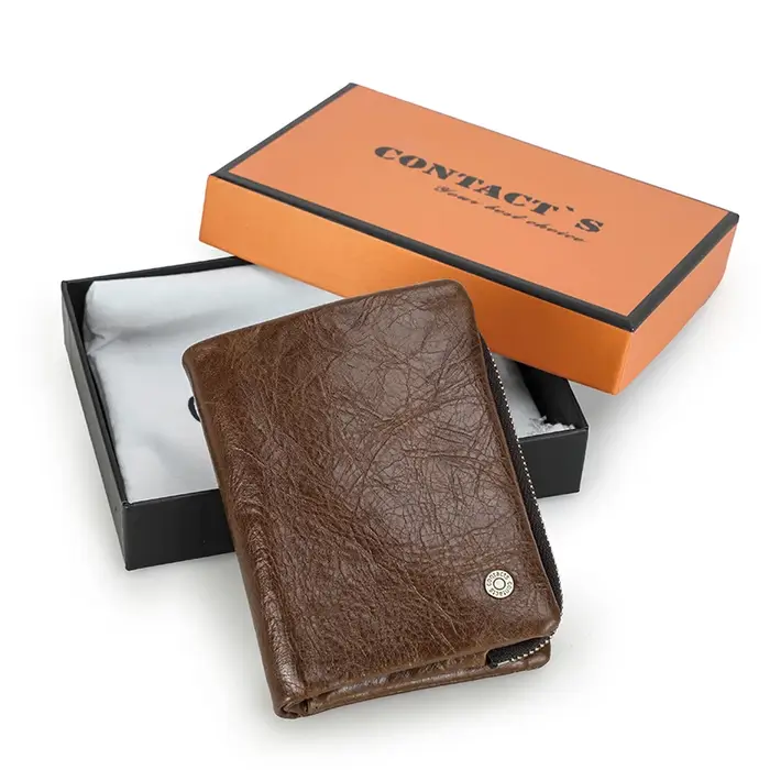 CONTATC'S-Portefeuille court en cuir véritable pour homme, portefeuille à deux volets RFID, porte-cartes de crédit, fermeture éclair de luxe, petit porte-monnaie masculin, nouveau