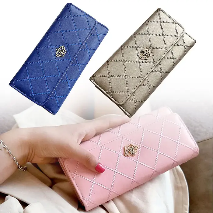 Portefeuilles longs noirs pour femmes en cuir PU, motif diamant, porte-cartes, boucle couronne, sac de téléphone pour dames, pochette de mode