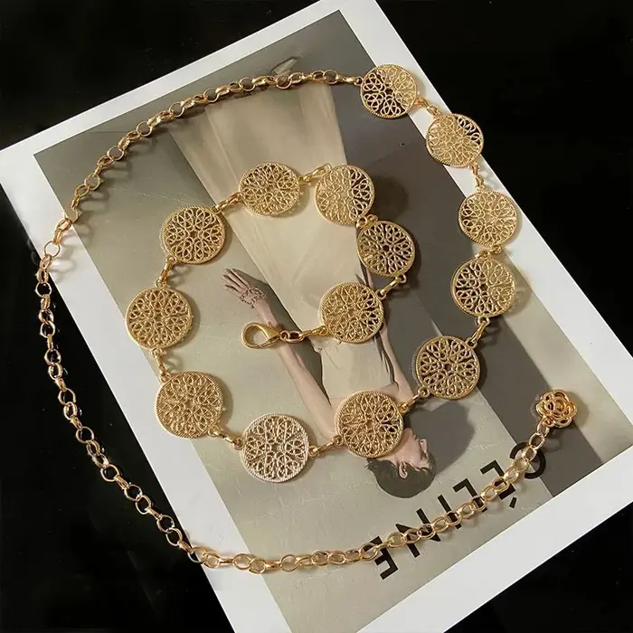 Ceinture ronde en métal pour femmes, élégante, rétro, or, argent, sculpté, chaîne ajourée, longues,
