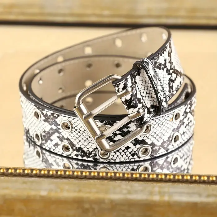 Ceinture en cuir PU à motif python noir et blanc pour femme