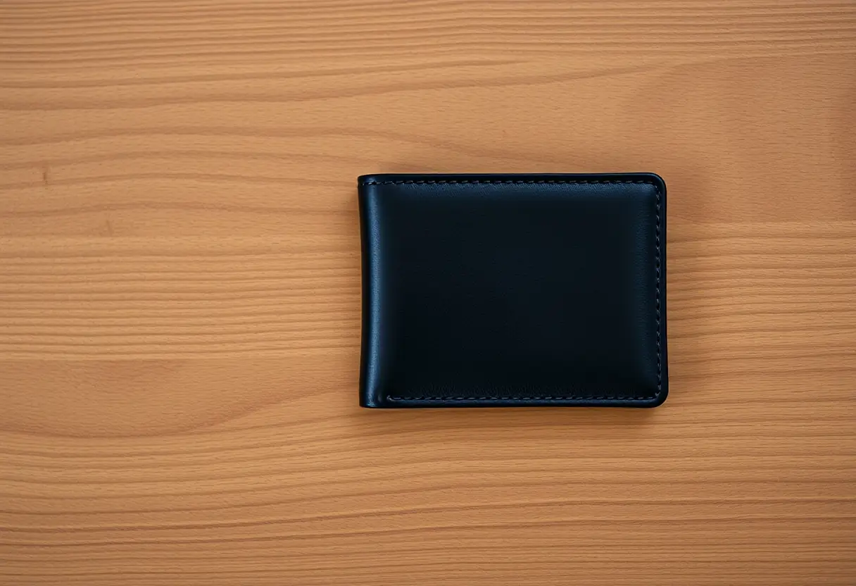 Un portefeuille en cuir noir posé sur une table en bois
